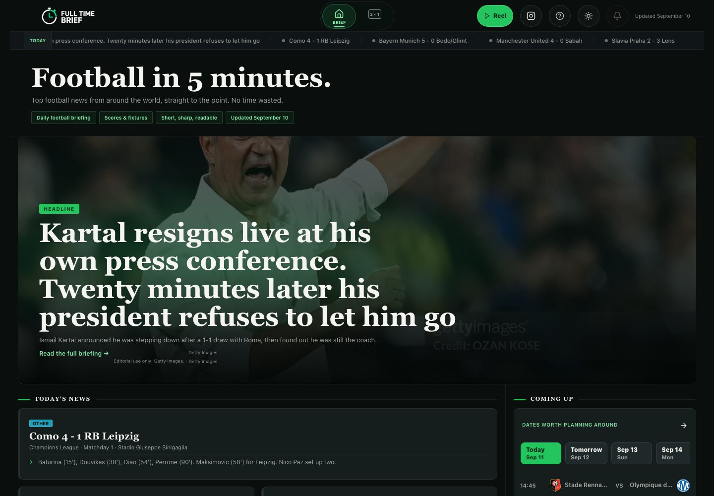 Full Time Brief homepage showing the daily football briefing, news stories, and upcoming fixtures